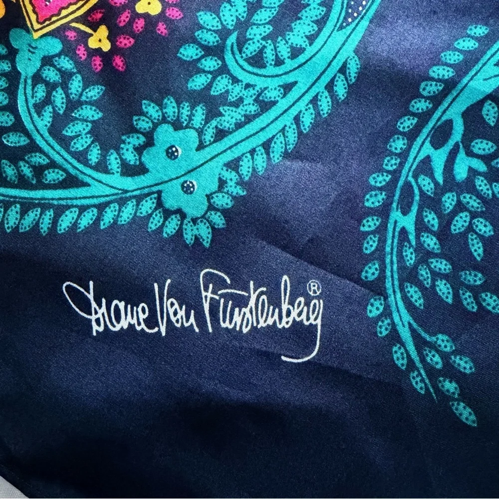 Diane von Furstenberg Silk Scarf Black Paisley Colorful Print 42”x42”
